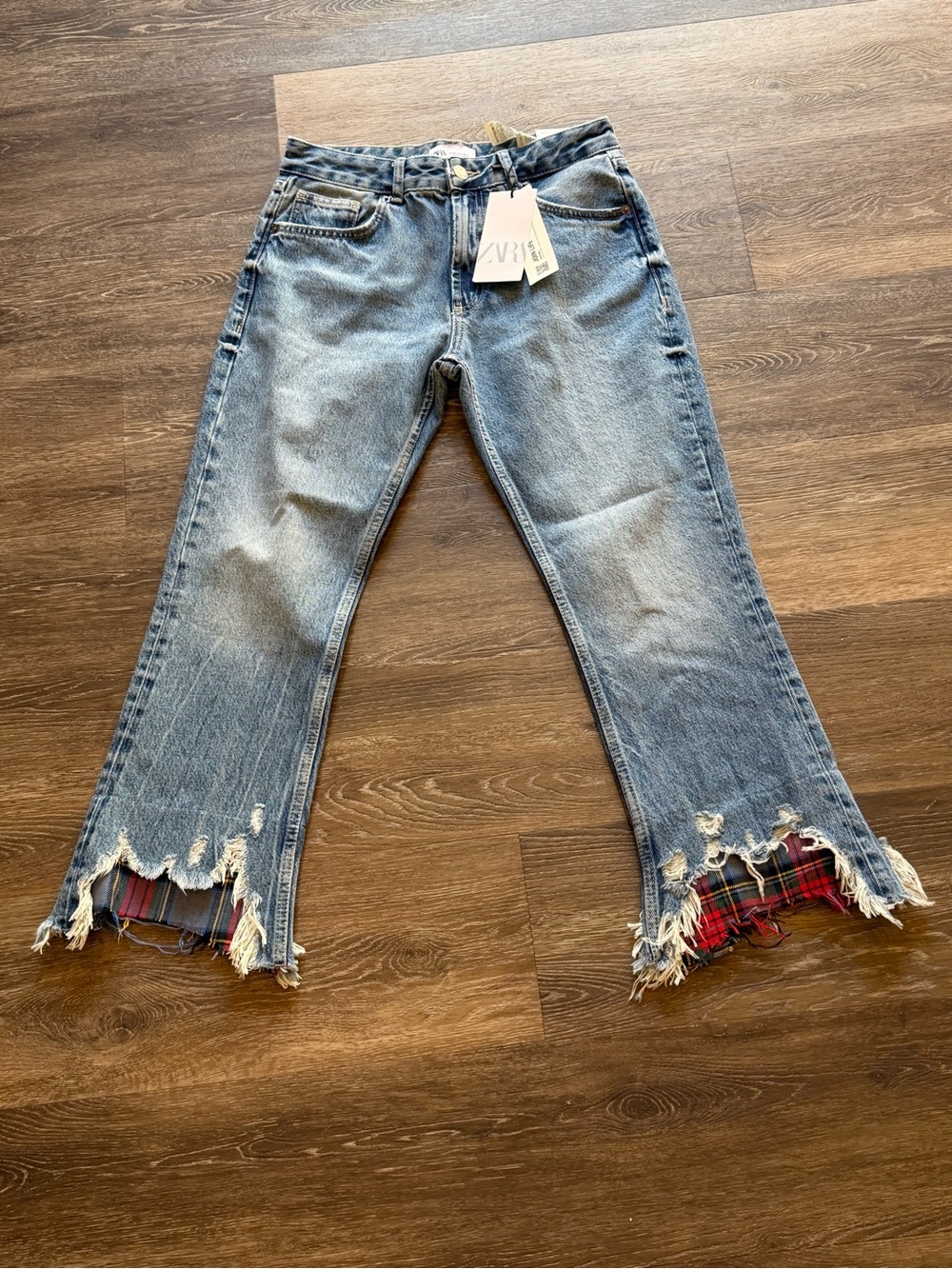 Zara Light Blue Distressed Crop Flare Jeans with Red Plaid Trim